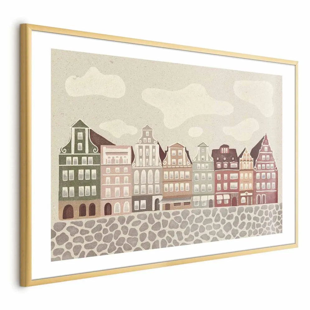 Plakat Kolorowe Fasady 90x60 cm z ramą złotą z marginesem | MIRAT.