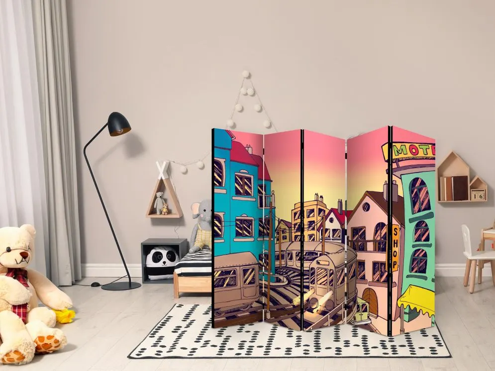 Parawan jednostronny Miasta 225x172 cm 5-częściowy wielokolorowy | MIRAT.