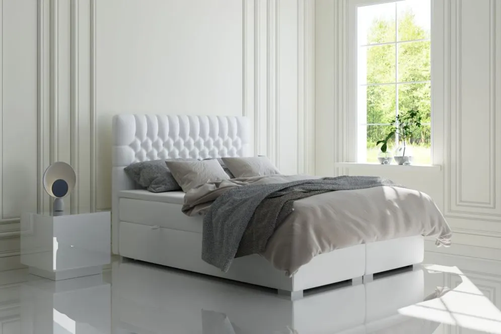 Łóżko kontynentalne RUBID 140 granatowe velvet z pojemnikiem do sypialni | MIRAT. styl GLAMOUR