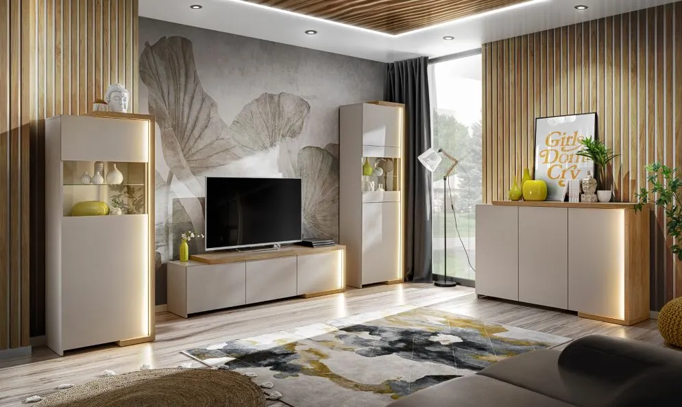 Witryna wysoka DASAR kaszmir/dąb grand naturalny z podświetleniem LED I sklep meblowy MIRAT. styl SKANDYNAWSKI kolekcja DASAR