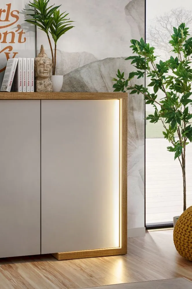 Komoda DASAR 3D kaszmir/dąb grand naturalny trzydrzwiowa I sklep meblowy MIRAT. styl SKANDYNAWSKI kolekcja DASAR