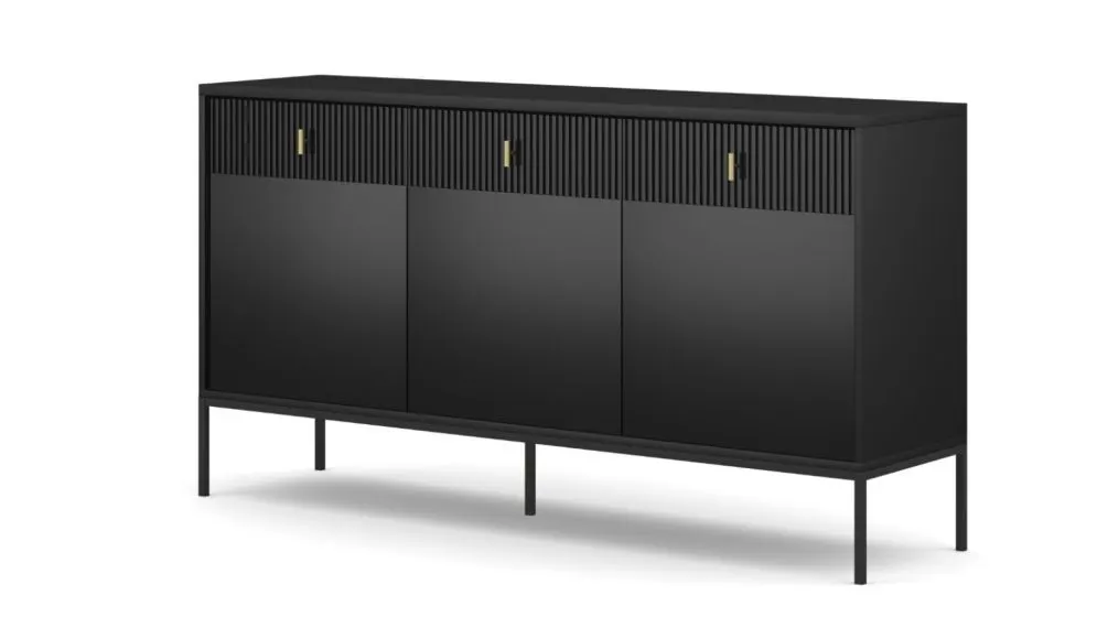 Komoda MAGGIORE 3D3S 154 czarna mat trzydrzwiowa I sklep meblowy MIRAT. styl GLAMOUR, RYFLOWANY kolekcja MAGGIORE