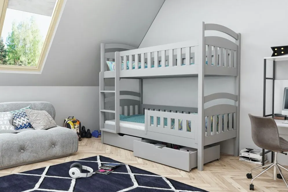 Dziecięce łóżko piętrowe HOLSA szare drewniane dwuosobowe | MIRAT.