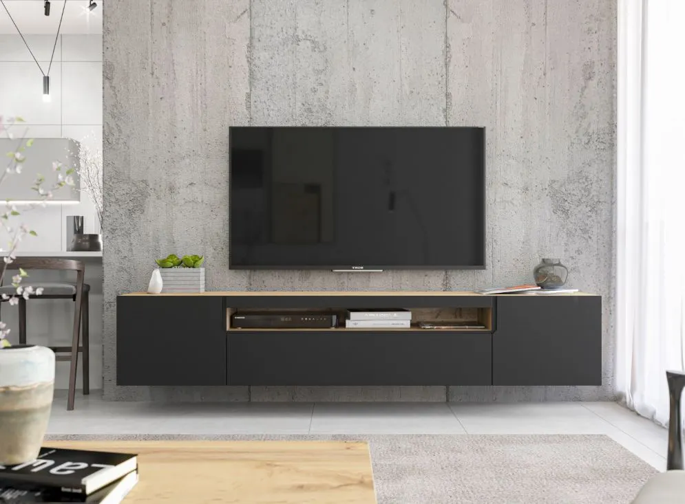 Szafka wisząca RTV NOLA 1 dąb artisan/czarny mat wisząca I sklep meblowy MIRAT. styl LOFT