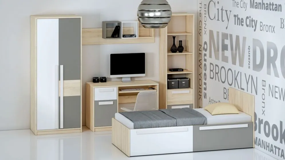 Szafa DOT 2D buk/biała/szara dwudrzwiowa młodzieżowa I sklep meblowy MIRAT. styl SKANDYNAWSKI kolekcja DOT