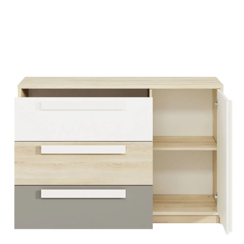 Komoda DOT 138 buk/biała/szara trzyszufladowa polskiej produkcji I sklep meblowy MIRAT. styl SKANDYNAWSKI kolekcja DOT