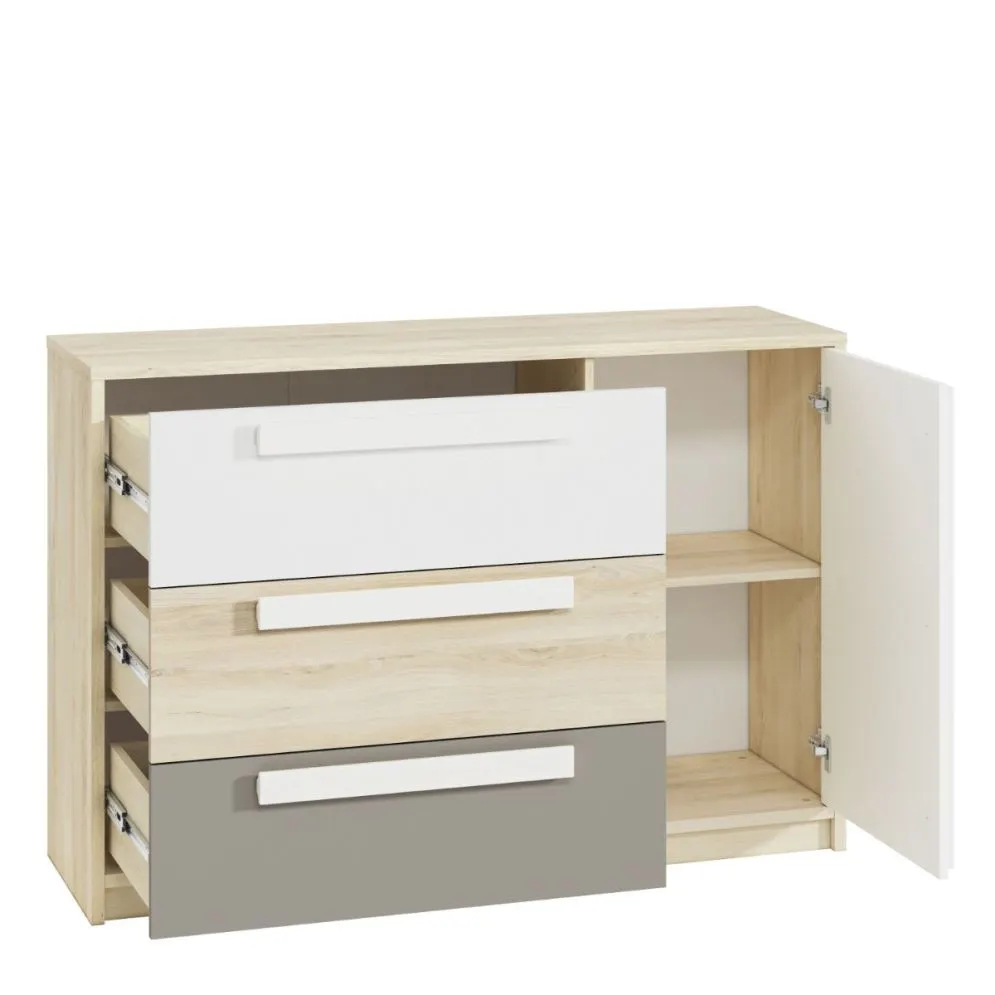 Komoda DOT 138 buk/biała/szara trzyszufladowa polskiej produkcji I sklep meblowy MIRAT. styl SKANDYNAWSKI kolekcja DOT