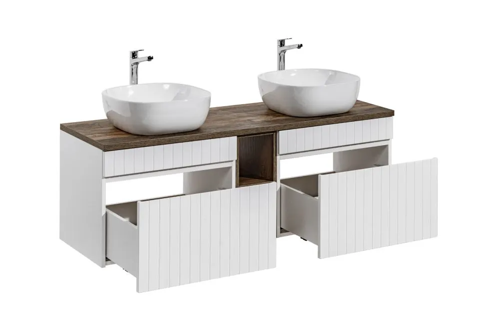 Szafka pod umywalkę ICONIC WHITE 60cm + ICONIC WHITE 60cm + SANTA FE OAK 81-01-A ryflowane fronty zestaw z blatem I sklep meblowy MIRAT. styl RYFLOWANY