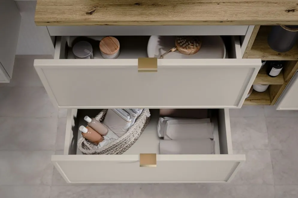 Szafka pod umywalkę nablatową BELLA CASHMERE 80cm kaszmirowa - zestaw 100 cm z regałem i blatem I sklep meblowy MIRAT.