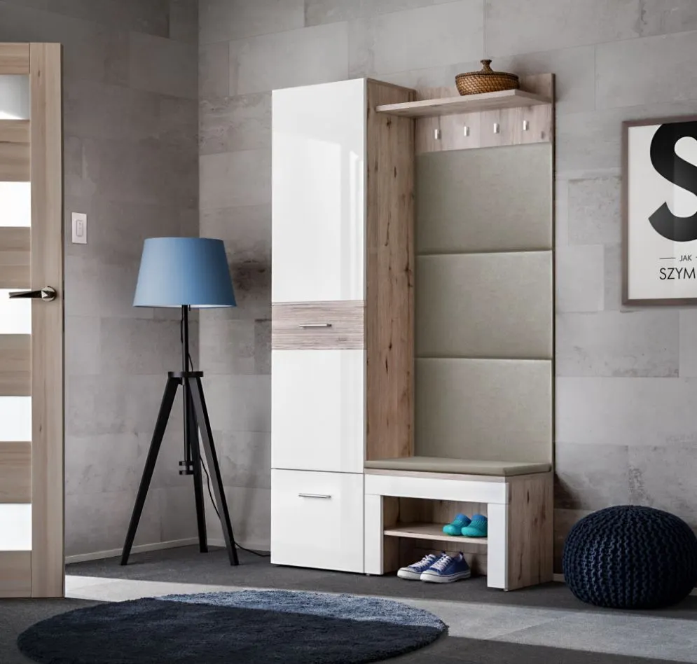Garderoba do przedpokoju GUSTAVO X dąb wellington/biała połysk z siedziskiem I sklep meblowy MIRAT.