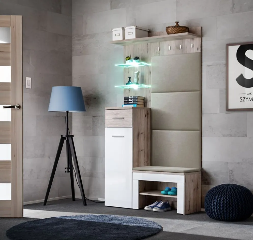 Szafka na buty z siedziskiem GUSTAVO dąb wellington/biała połysk do przedpokoju I sklep meblowy MIRAT.