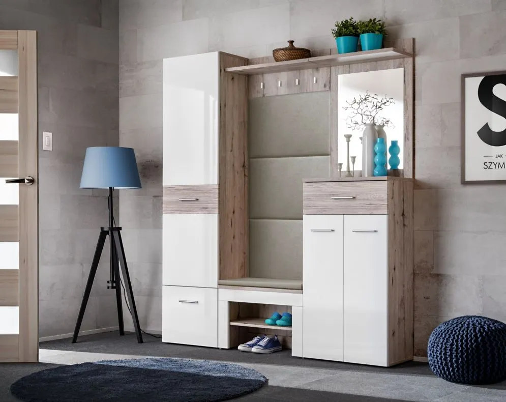 Garderoba do przedpokoju GUSTAVO VIII dąb wellington/biała połysk z lustrem I sklep meblowy MIRAT.