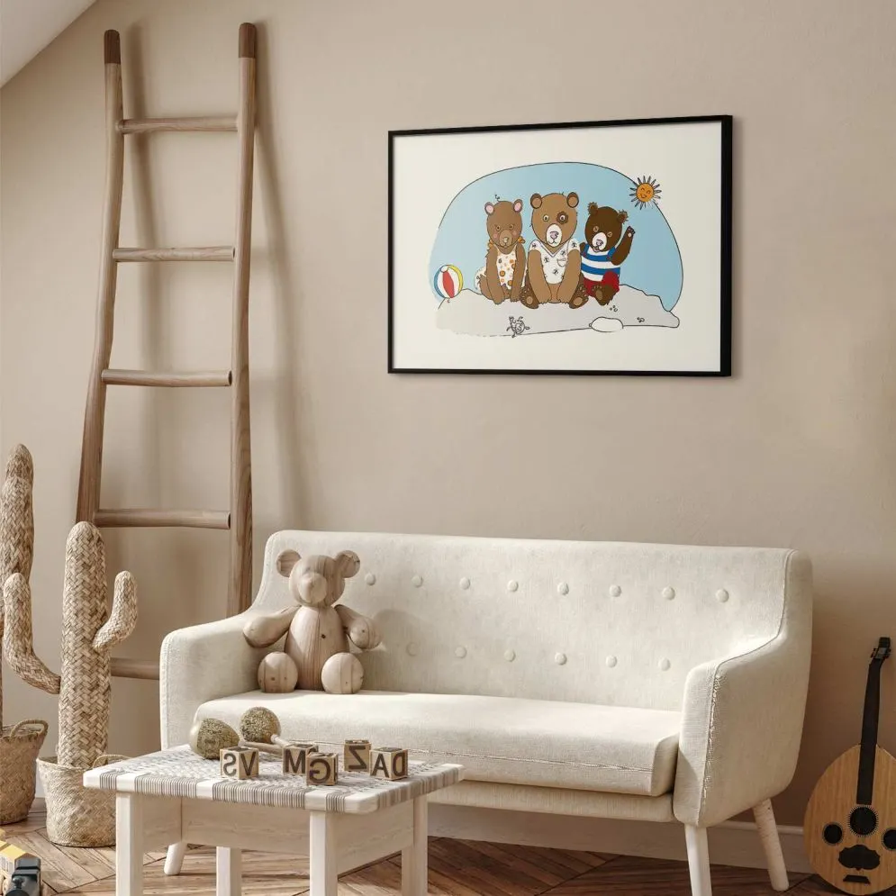 Plakat Misie na plaży 90x60 cm z ramą czarną z marginesem | MIRAT.