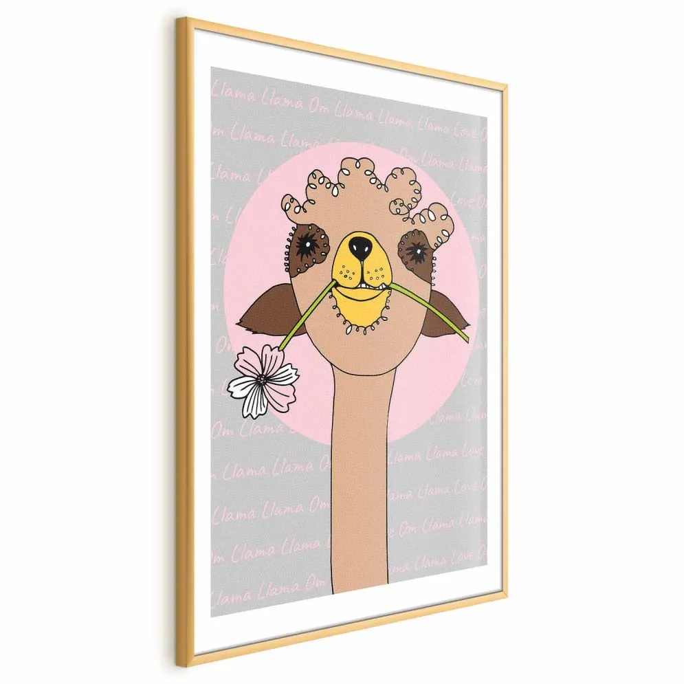 Plakat Wesoła lama 21x30 cm z ramą złotą z marginesem | MIRAT.