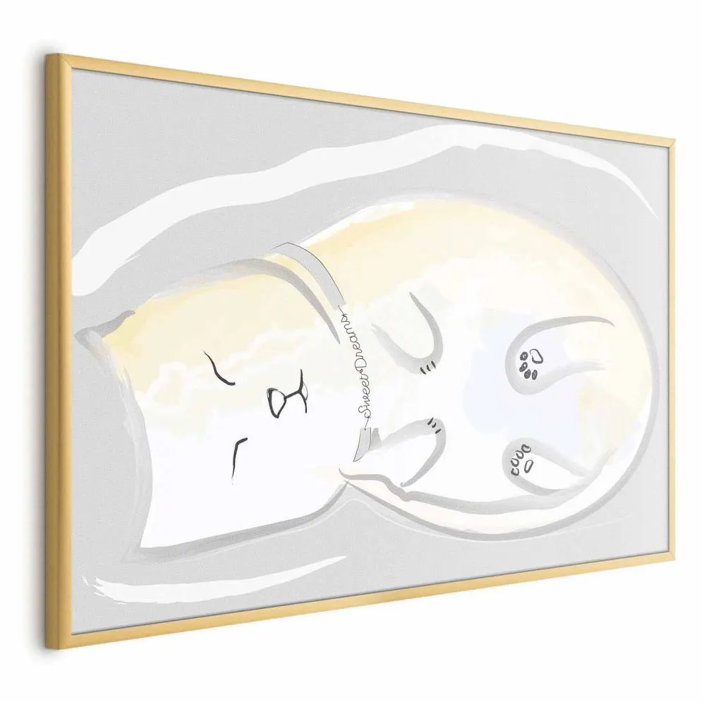 Plakat Śpiący kotek 42x29,7 cm z ramą złotą bez marginesu | MIRAT.