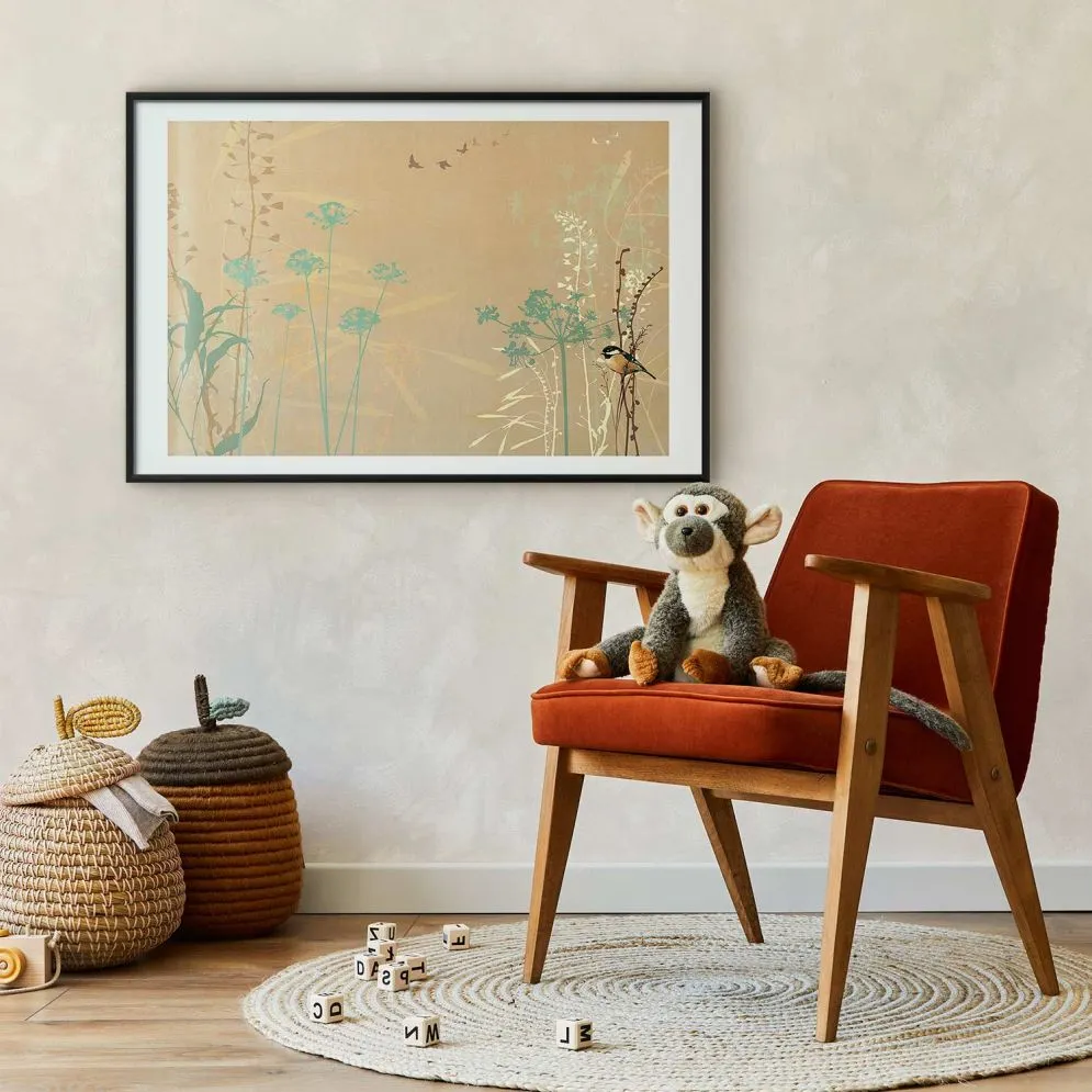 Plakat Ptaszek na łące 42x29,7 cm z ramą czarną z marginesem | MIRAT.