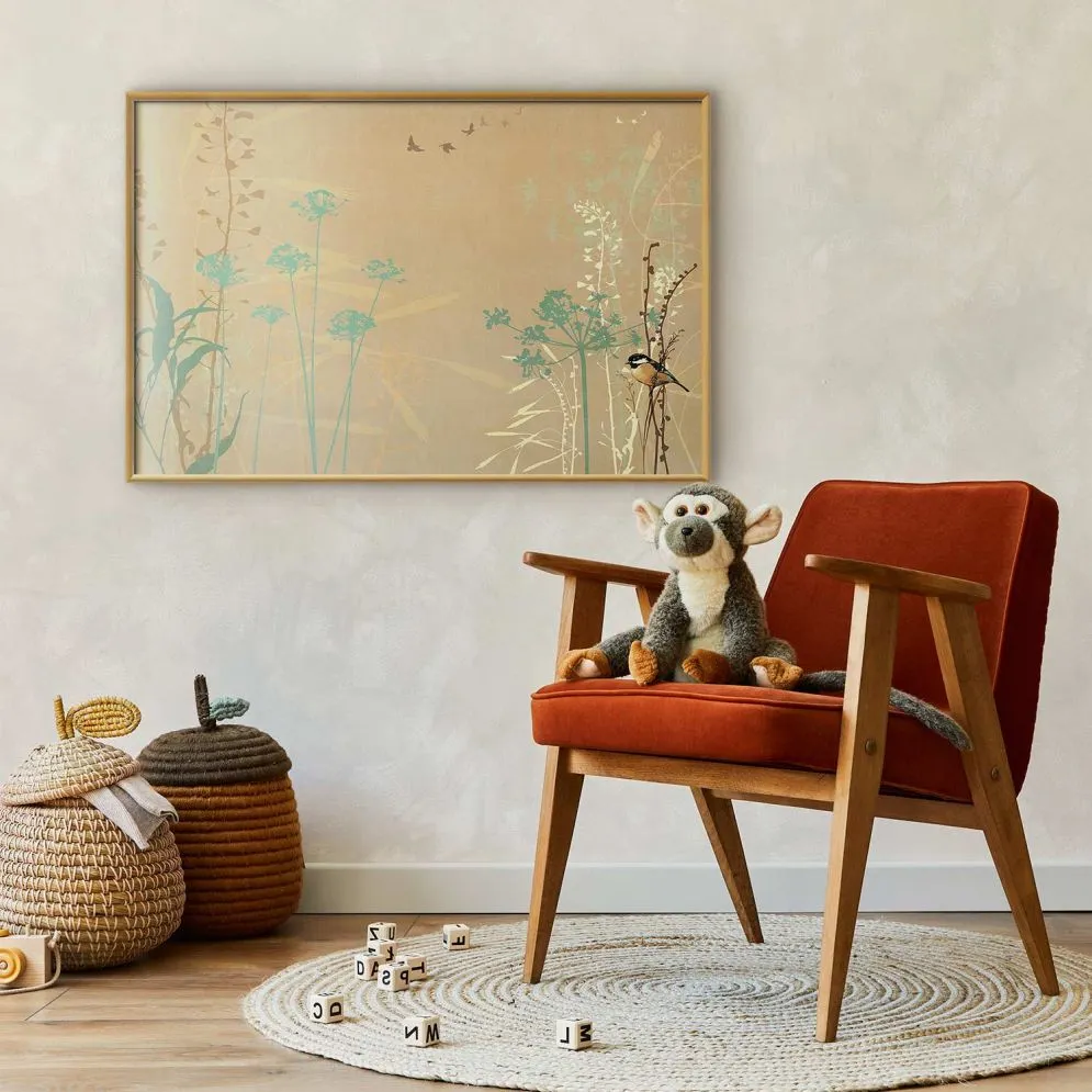 Plakat Ptaszek na łące 30x21 cm z ramą złotą bez marginesu | MIRAT.