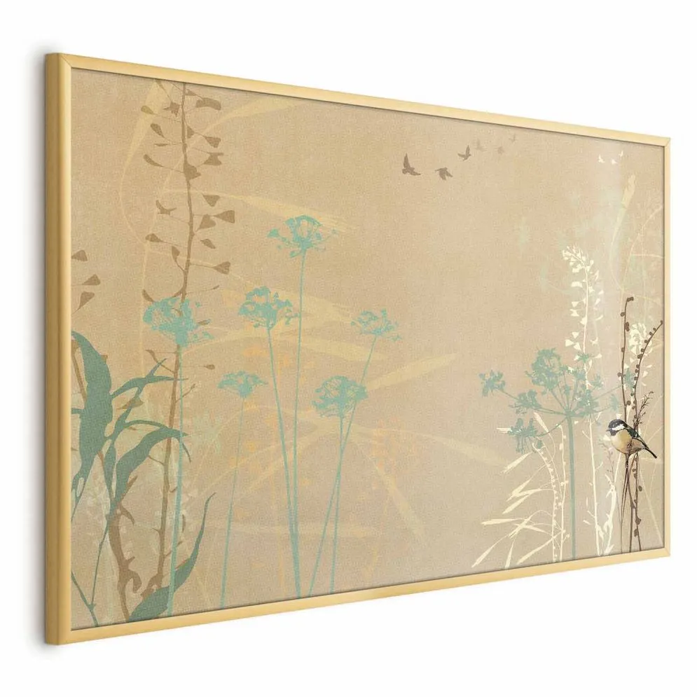 Plakat Ptaszek na łące 30x21 cm z ramą złotą bez marginesu | MIRAT.