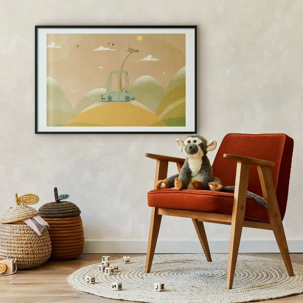 Plakat Podróżująca żyrafa 30x21 cm z ramą czarną z marginesem | MIRAT.