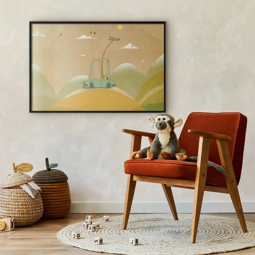 Plakat Podróżująca żyrafa 30x21 cm z ramą czarną bez marginesu | MIRAT.