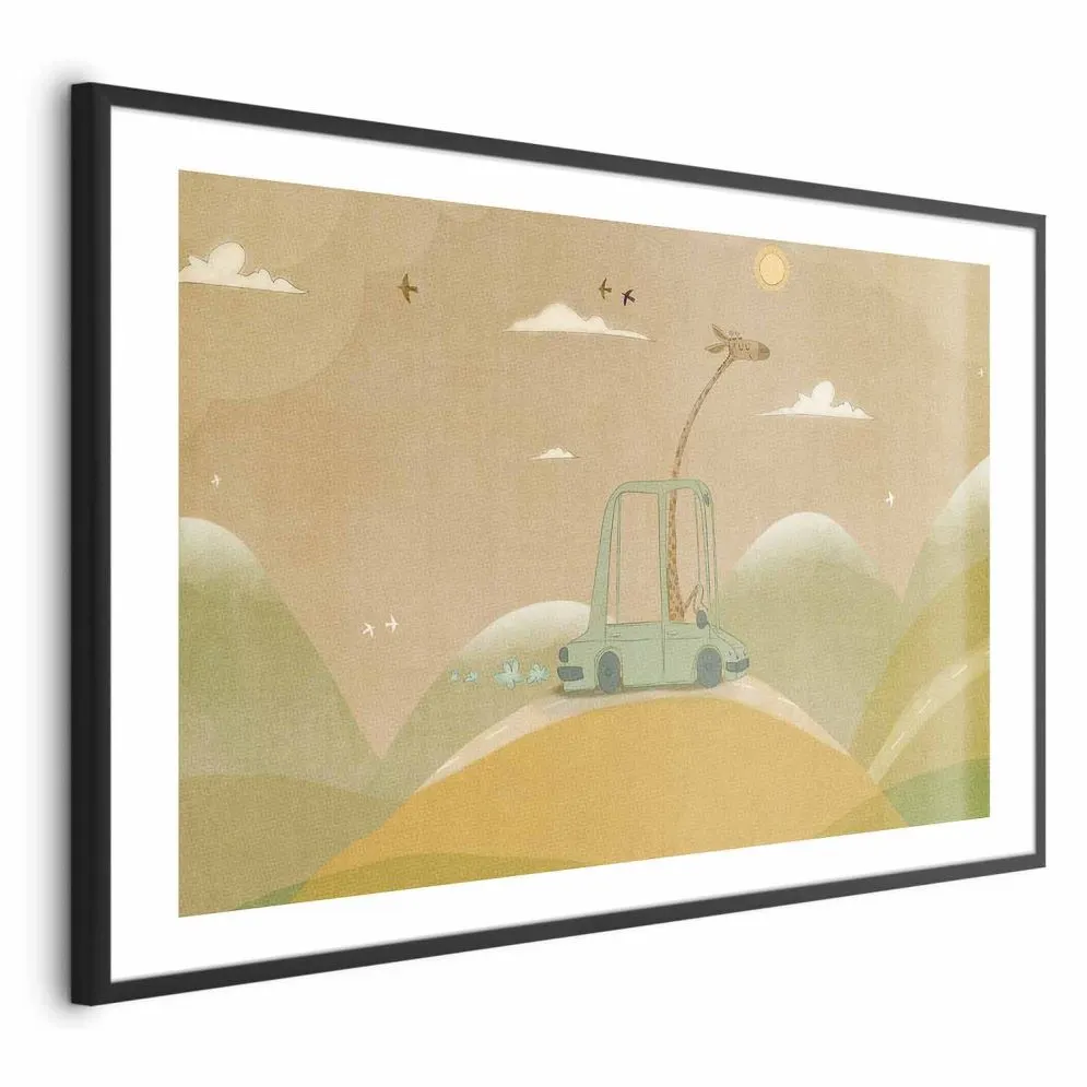 Plakat Podróżująca żyrafa 30x21 cm z ramą czarną z marginesem | MIRAT.