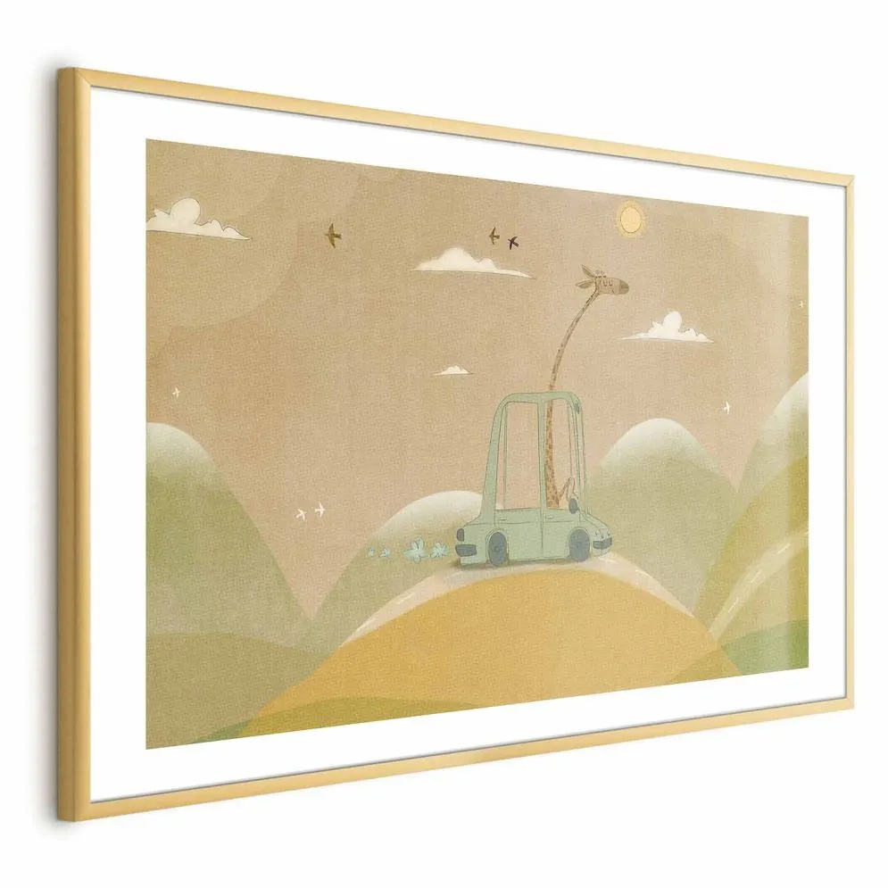 Plakat Podróżująca żyrafa 30x21 cm z ramą złotą z marginesem | MIRAT.