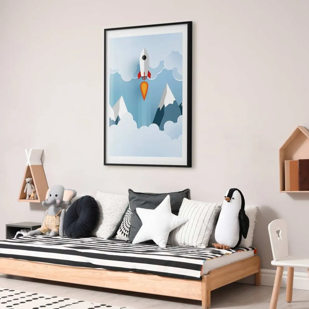 Plakat Rakieta w chmurach 60x90 cm z ramą czarną z marginesem | MIRAT.