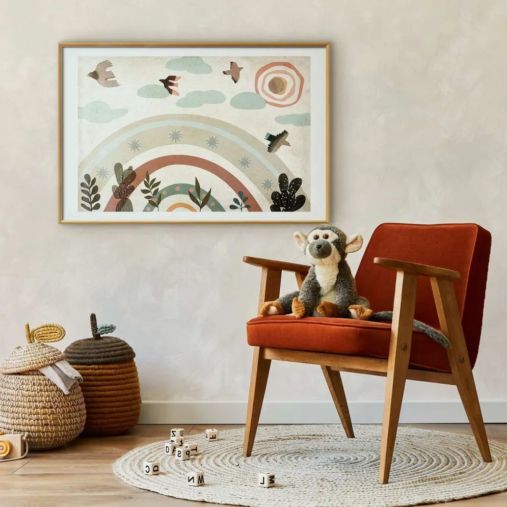 Plakat Tęcza i ptaki 60x40 cm z ramą złotą z marginesem | MIRAT.