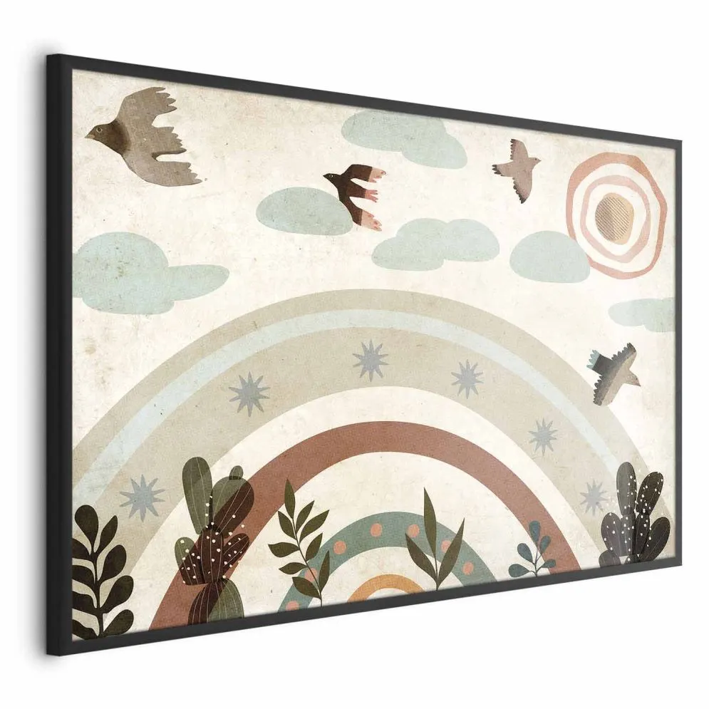 Plakat Tęcza i ptaki 90x60 cm z ramą czarną bez marginesu | MIRAT.