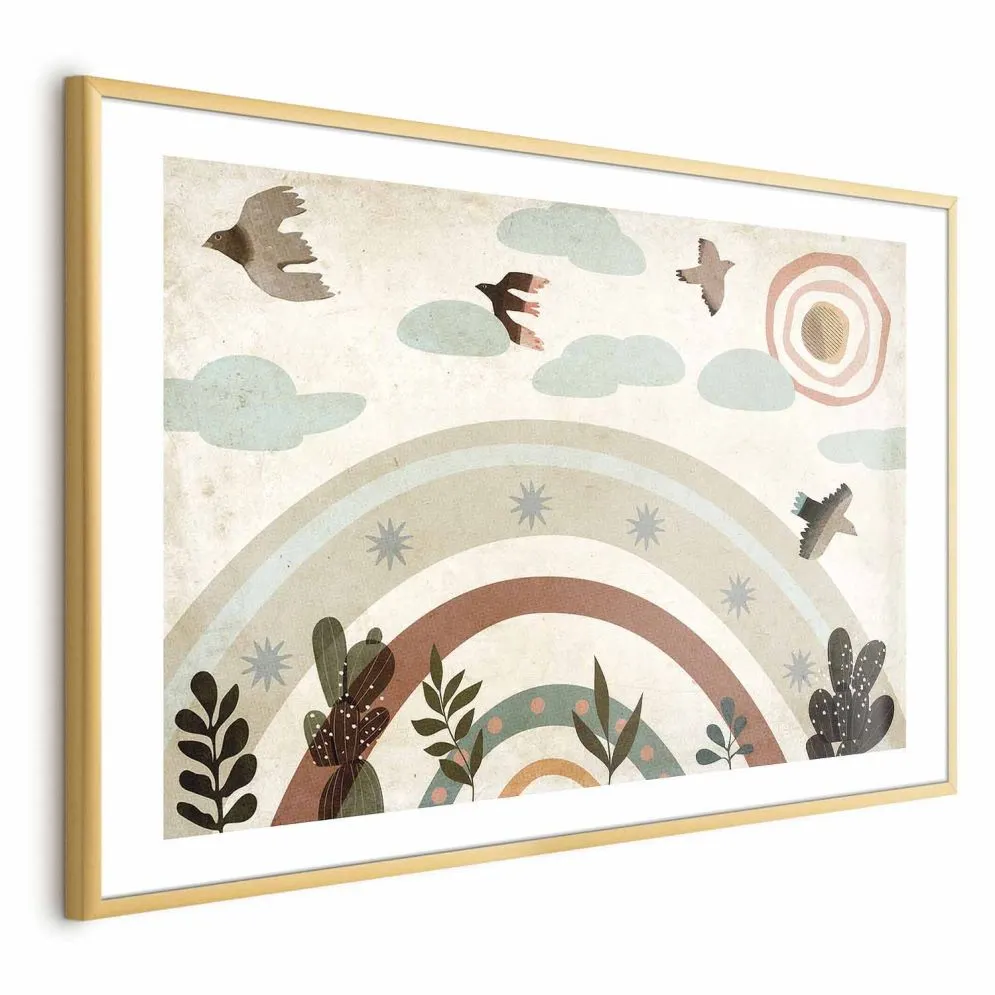 Plakat Tęcza i ptaki 60x40 cm z ramą złotą z marginesem | MIRAT.