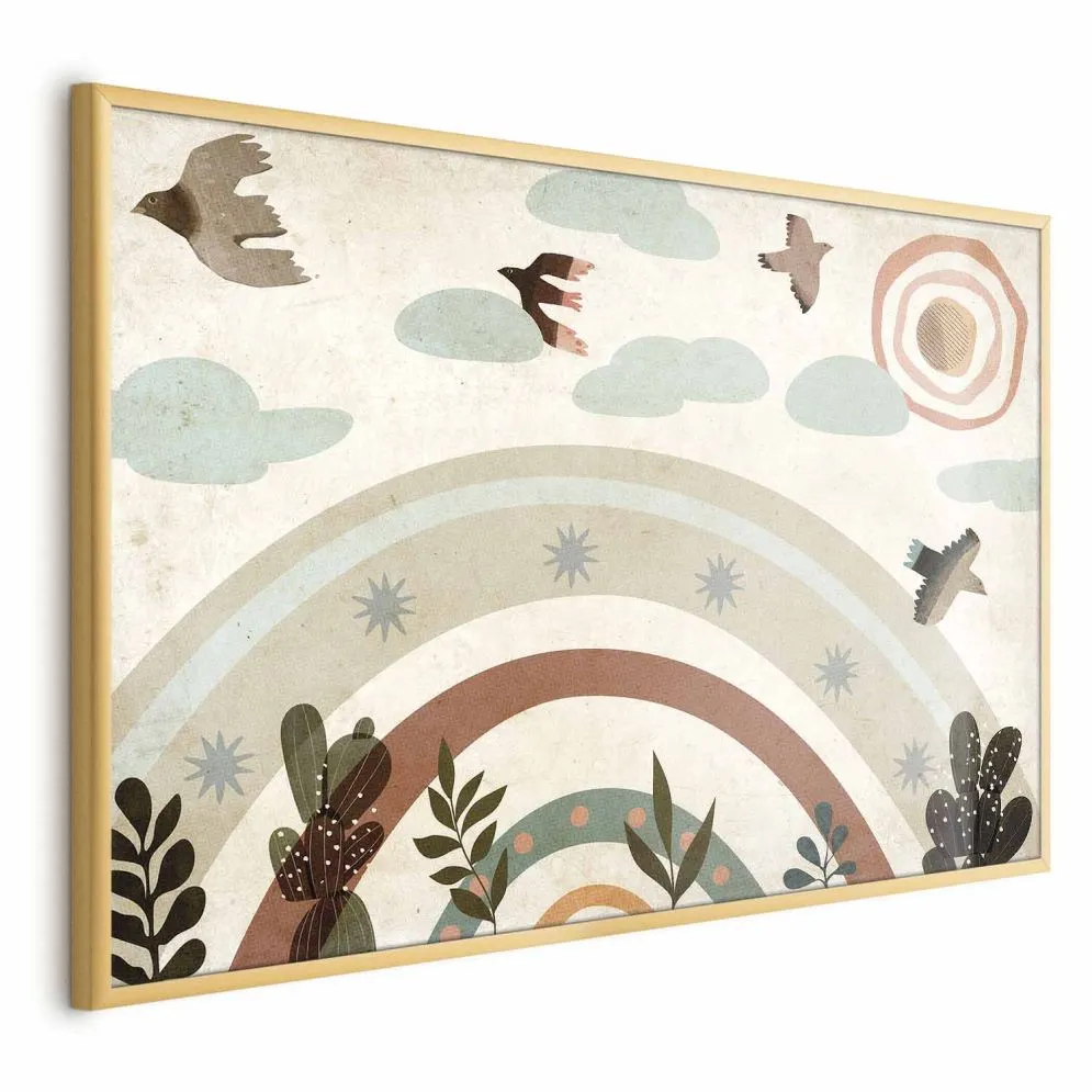 Plakat Tęcza i ptaki 60x40 cm z ramą złotą bez marginesu | MIRAT.