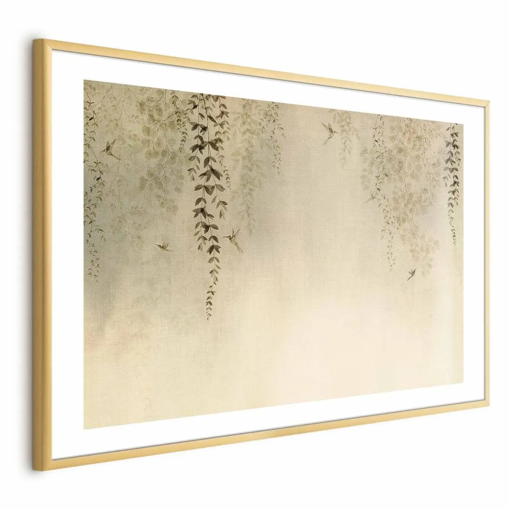 Plakat Beżowe koliberki 90x60 cm z ramą złotą z marginesem | MIRAT.