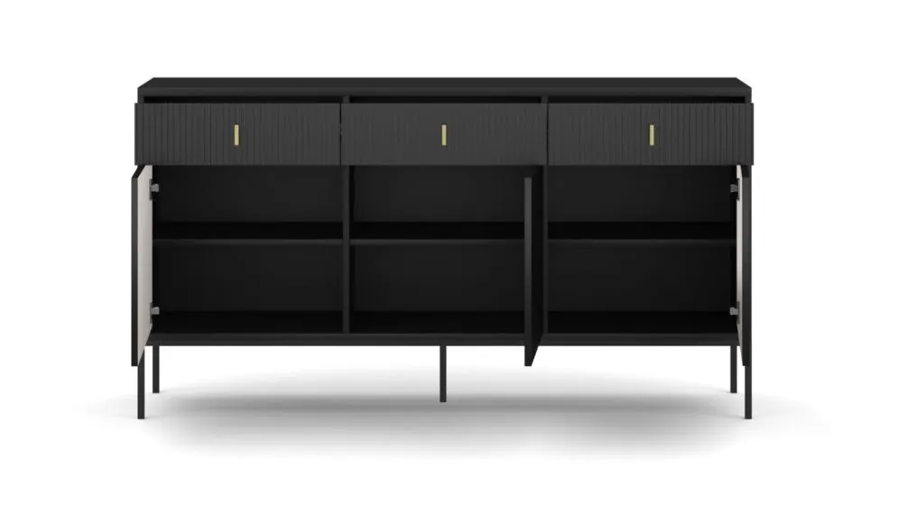 Komoda MAGGIORE 3D3S 154 czarna mat trzydrzwiowa I sklep meblowy MIRAT. styl GLAMOUR, RYFLOWANY kolekcja MAGGIORE