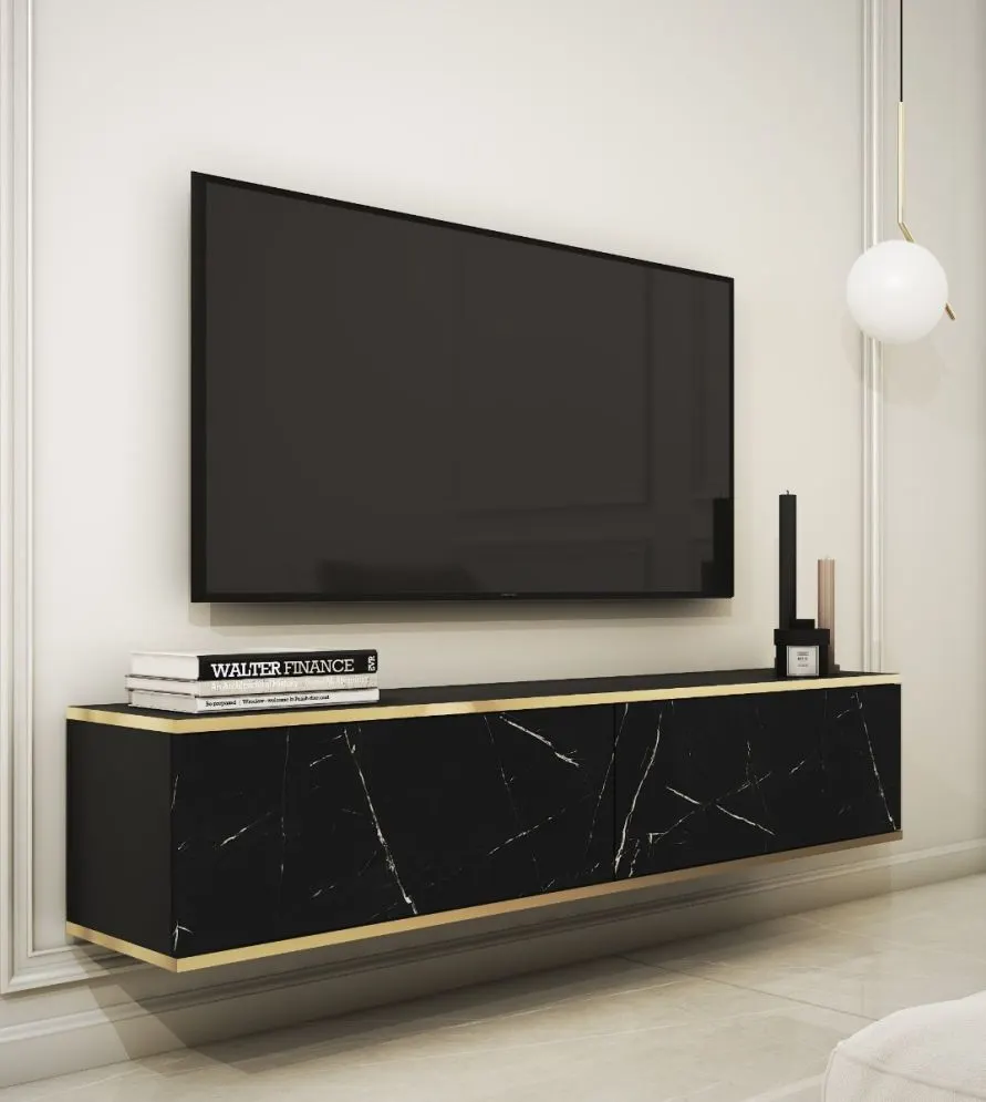 Szafka RTV KARL 135cm wisząca/stojąca czarny marmur dwukomorowa  I sklep meblowy MIRAT. styl GLAMOUR