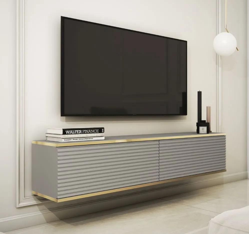 Szafka RTV KARL 3D 135cm wisząca/stojąca szary mat ryflowana I sklep meblowy MIRAT. styl GLAMOUR, RYFLOWANY