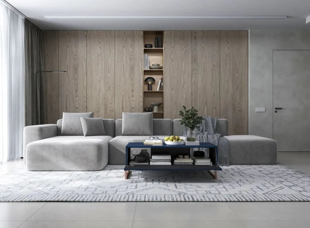 Stolik kawowy TAL 3D 110x54cm granatowy mat/gold ze schowkiem I sklep meblowy MIRAT. styl GLAMOUR, RYFLOWANY kolekcja TAL