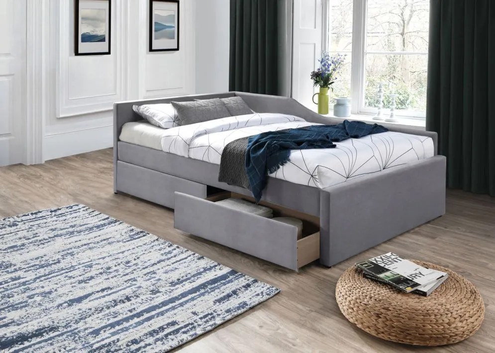 Łóżko tapicerowane ELIOT VELVET 120x200 szare z szufladami aksamitne I sklep meblowy MIRAT.
