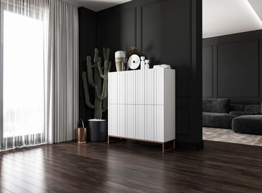 Komoda TAL 4D 112 biała mat MEBLE LINDNER | MIRAT. styl RYFLOWANY kolekcja TAL