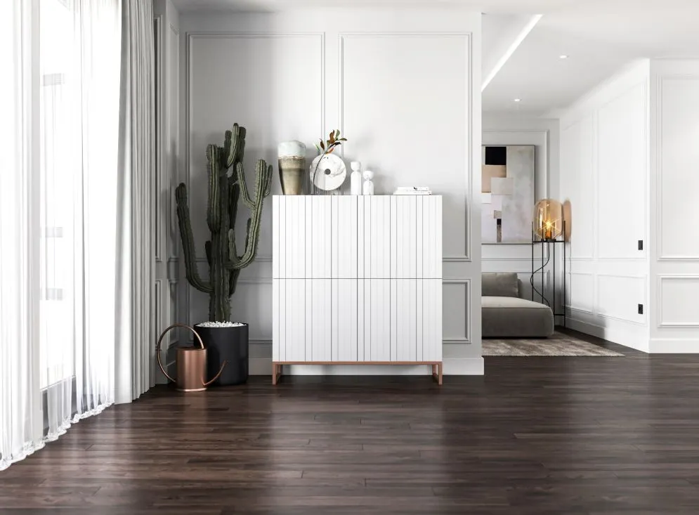 Komoda TAL 4D 112 biała mat MEBLE LINDNER | MIRAT. styl RYFLOWANY kolekcja TAL