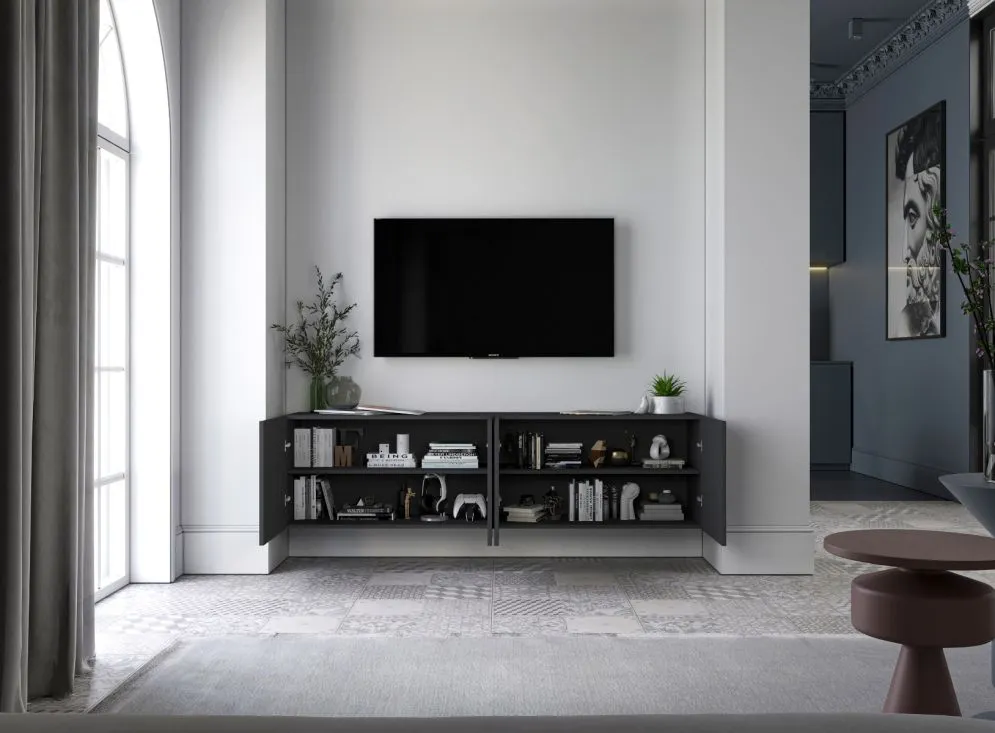 Szafka RTV TAL 2 150 czarna mat MEBLE LINDNER | MIRAT. w stylu GLAMOUR, LOFT kolekcja TAL