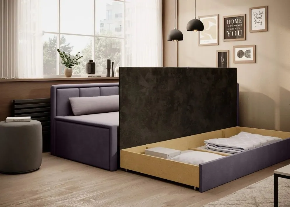 Sofa rozkładana z funkcją spania FULGEO różowa/jasnofioletowa prawa - powystawowy I sklep meblowy MIRAT.