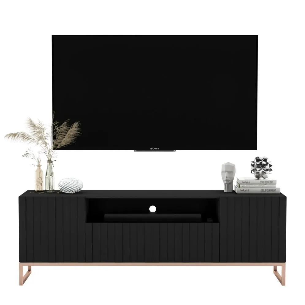 Szafka RTV TAL 2D1K 150cm czarna mat loftowa I sklep meblowy MIRAT. styl GLAMOUR, LOFT, RYFLOWANY kolekcja TAL