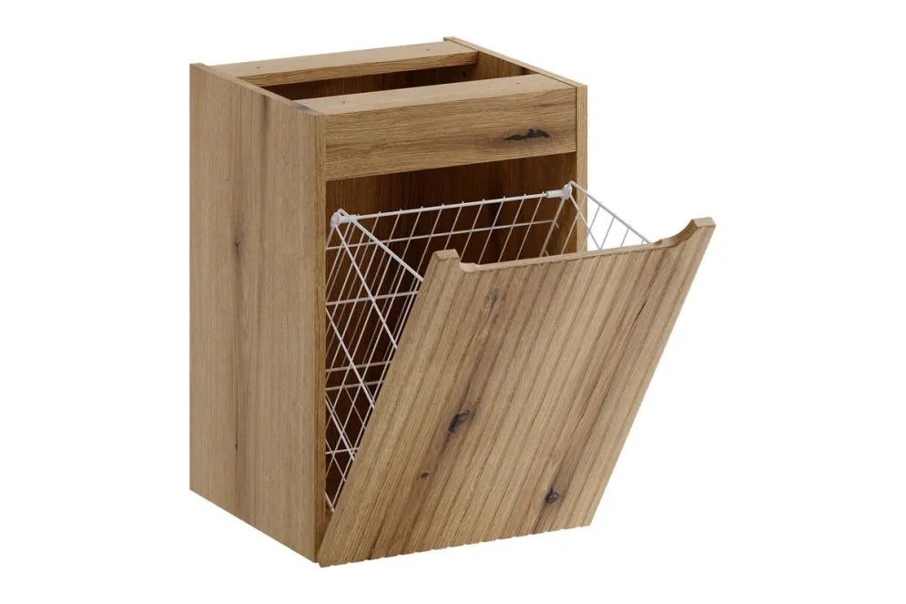 Szafka pod umywalkę nablatową NOVA DENIM 2S 60cm niebieska/dąb - zestaw 100cm z koszem na pranie i blatem  I sklep meblowy MIRAT. styl RYFLOWANY kolekcja NOVA