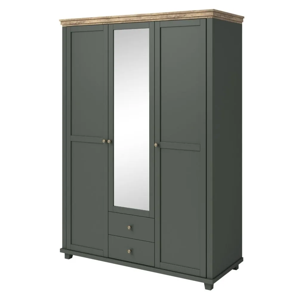 Szafa EVORA 3D2S 154cm zielona/dąb lefkas z lustrem I sklep meblowy MIRAT. styl SKANDYNAWSKI kolekcja EVORA