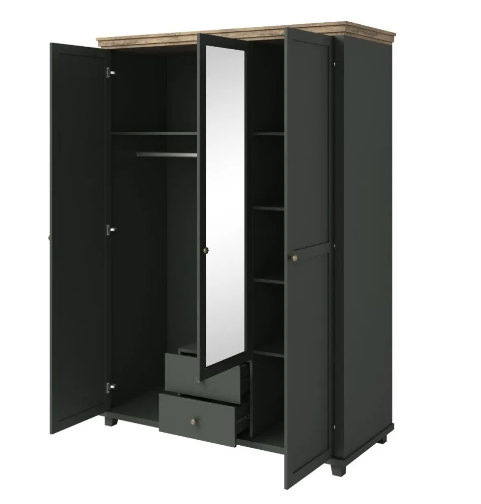 Szafa EVORA 3D2S 154cm zielona/dąb lefkas z lustrem I sklep meblowy MIRAT. styl SKANDYNAWSKI kolekcja EVORA