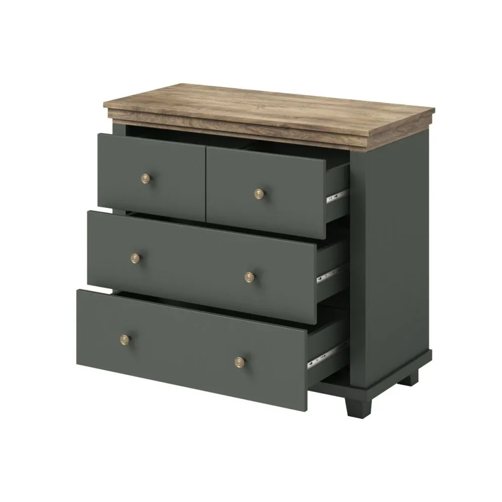 Komoda EVORA 4S 90cm zielona mat/dąb lefkas z szufladami I sklep meblowy MIRAT. styl SKANDYNAWSKI kolekcja EVORA