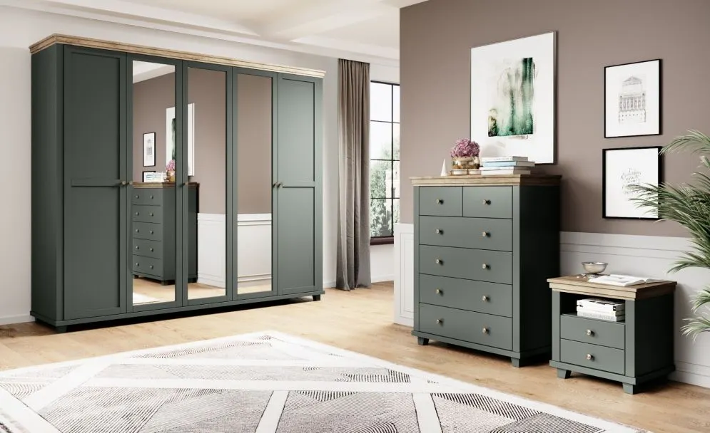 Komoda EVORA 6S 90cm zielona mat/dąb lefkas z szufladami I sklep meblowy MIRAT. styl SKANDYNAWSKI kolekcja EVORA