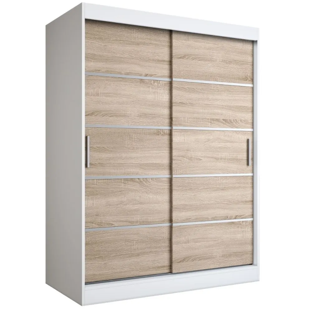 Szafa przesuwna MODUO COMFORT 150 biała mat/dąb sonoma z ozdobnymi listwami do sypialni | MIRAT. w stylu kolekcja MODUO COMFORT