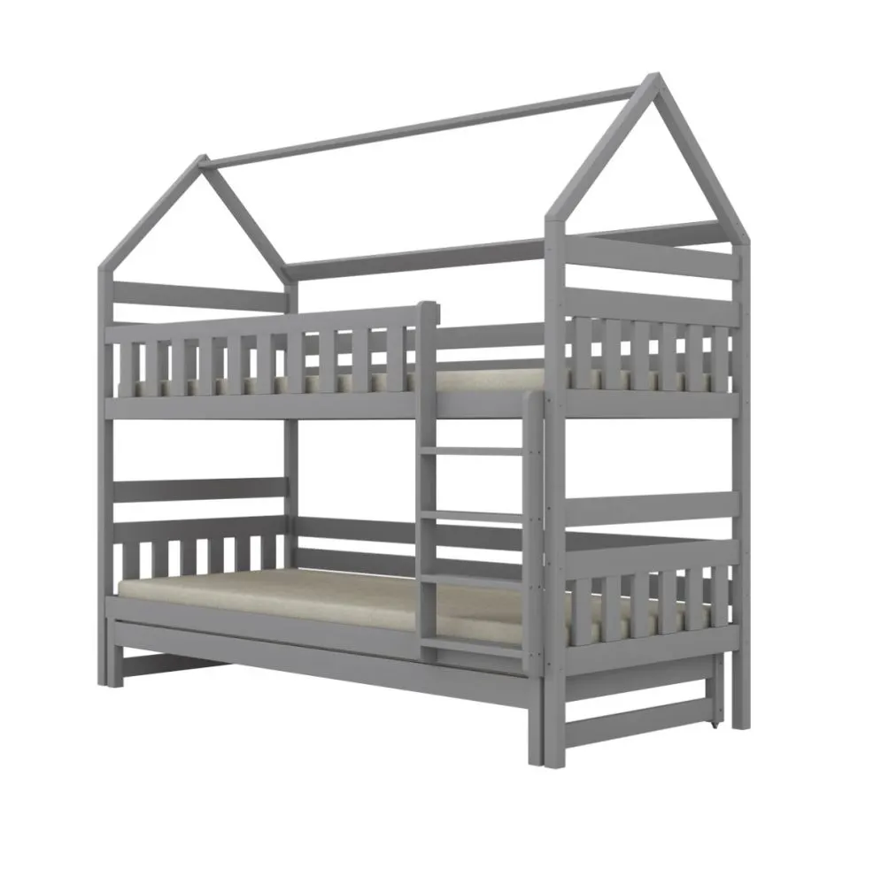 Dziecięce łóżko piętrowe domek Feliks 200x90 szare 3-osobowe I sklep meblowy MIRAT.  kolekcja FELIKS