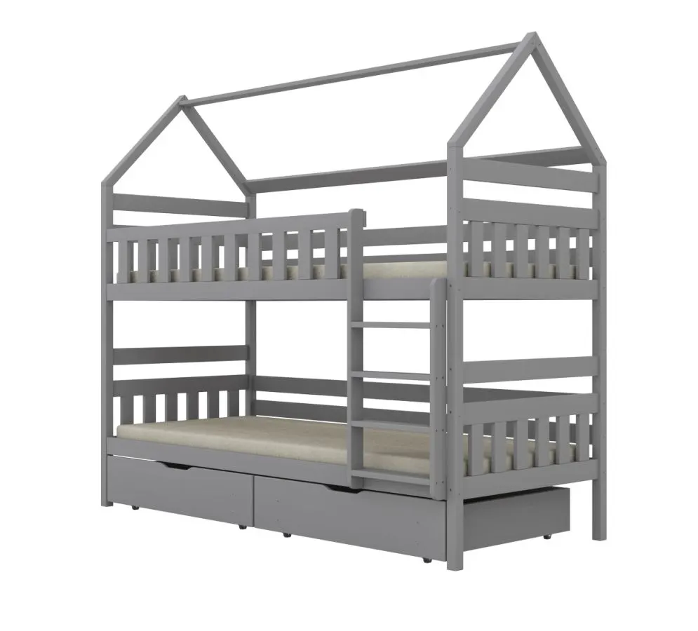 Sosnowe łóżko piętrowe domek FELIKS 200x80 szare z szufladami I sklep meblowy MIRAT. kolekcja FELIKS